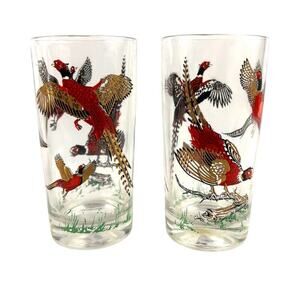 Vintage Set of 2 Pheasant Highball Glasses Mid-Century Barware 1960s